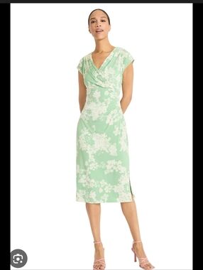 Maggy London Mint and White Floral Draped V-Neck Midi Dress